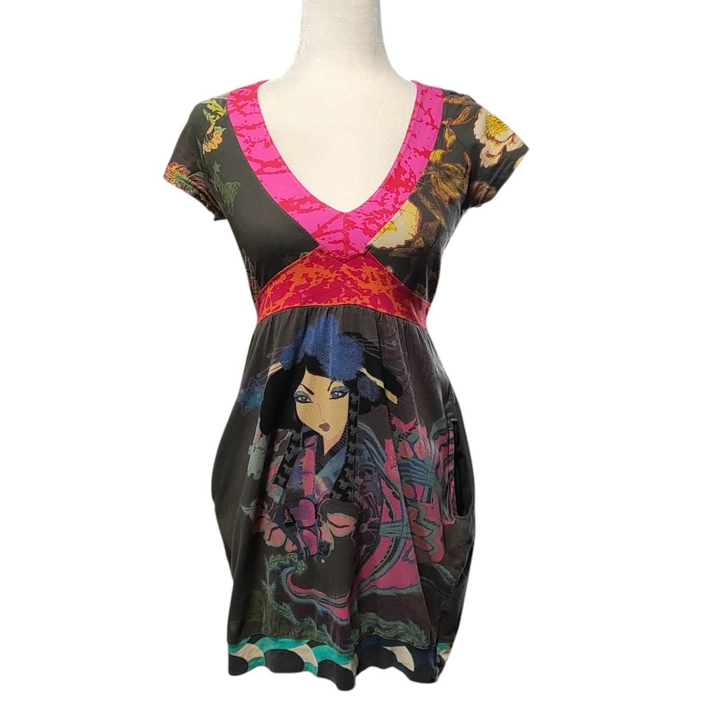 Desigual Asian Geisha Print Dress Short Sleeve Art Y2K Colorful XS / S FLAW - Picture 2 of 12